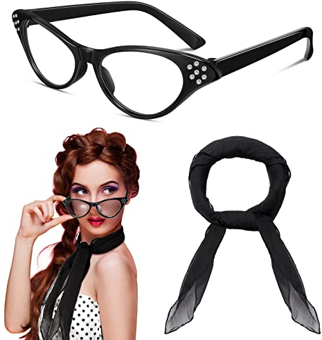 2 Stück 50er Jahre Kostüm Zubehör für Frauen, 1950er 60er Jahre Retro Chiffon Halstuch Vintage Strass Katzenauge Brille Cateye Sonnenbrille schwarz, schwarz, Einheitsgröße