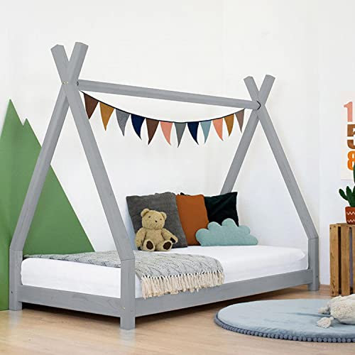 Kinder Tipi-Bett NAKANA - Massivholz - grau - 90 x 160 cm