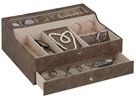 Relaxdays Schmuckkästchen, Lederoptik, Samt, Schmuckkasten für Damen & Herren, HxBxT: 13 x 34 x 31 cm, Schmuckbox, braun