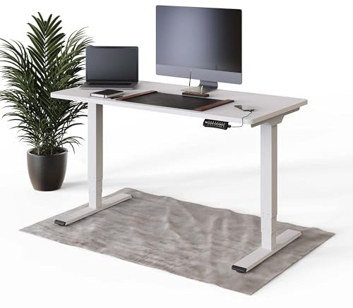 DESKSPACE PRO Plus Elektrisch höhenverstellbarer Schreibtisch - Ergonomischer Stehpult mit Memoryfunktion Kollisionschutz (Weiße Gestell, Weiße Tischplatte, 140 x 70 cm)