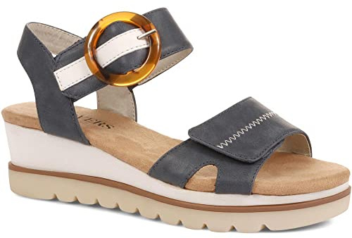 Pavers Ladies Dual Fit Sandals - Stylish Comfortable Wedge Sandals for Casual Wear - Women's Cushioned Footbed and Decorative Buckle - Size 8/41 Navy