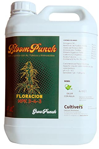 CULTIVERS BloomPunch Abono Floración Orgánico 5 L. NPK 3-4-3 con ácidos húmicos y áminoacidos. Fertilizante Vegano