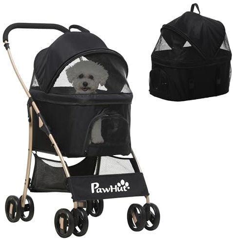 PawHut Dog Pram Dog Stroller 3 in 1 Pet Pushchair Detachable Design with Universal Wheels, Brake for Small Miniature Dogs - Black