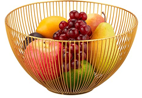 Relaxdays Obstschale Metall, runder Obstkorb, H x D: 14 x 25 cm, Drahtkorb für Früchte, Gemüse & Brot, modern, Gold