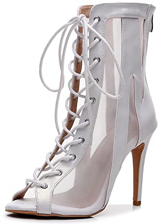 RUYBOZRY Scarpe da Ballo Latino da Donna, Lace Up Sala da Ballo Partito Salsa Stivali Punta Aperta con Tacco Alto Stivaletti,QJW-7235-Bianco-10,EU37