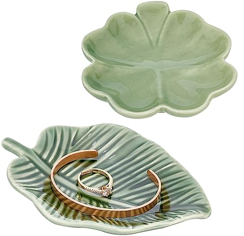 PH PandaHall 2 platos de porcelana con forma de hoja verde, almacenamiento de joyas, porcelana, 0.8-0.9 pulgadas