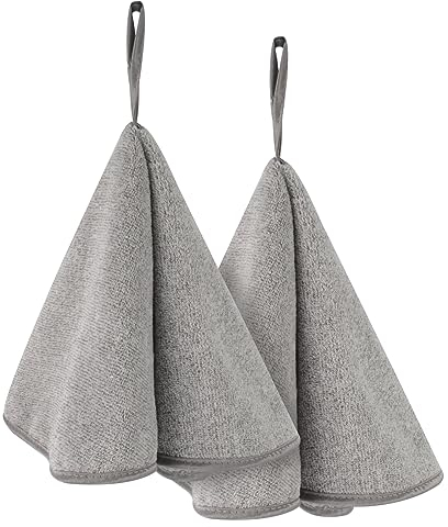 VIVOTE Lot de 2 torchon Main, Cuisine avec Anneaux, essuie-Mains de Salle de Bain, Doux, absorbants, à séchage Rapide en Fibre de Carbone à Suspendre avec Cordon (Gris, 50 x 50 cm)