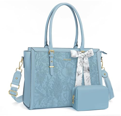 MOSISO Laptop Bag for Women, 15.6-16 inch PU Leather Tote Bag Compatible with MacBook, HP, Dell, Asus Notebook, Front Embossed Retro Hibiscus Computer Bag with Silk Scarf&Clutch Purse, Air Blue