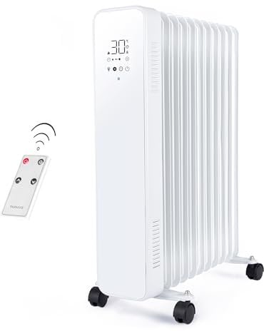 Oil Filled Radiator Free Standing – Electric Heater Energy Efficient – 11 Fin, 2500W, White Portable Heater – Touch Screen Electric Radiator with Remote Control– by Nuovva