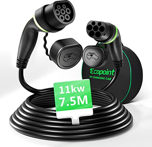 ECOPOINT Typ 2 Ladekabel 11kW 7,5M,E Auto Ladekabel 3 Phasig 16A für EV Elektroautos PHEV mit Tragetasche, Typ 2 auf Typ 2, Mennekes Mode 3 Ladekabel Typ 2 Kompatibel mit Model 3/S/X/Y i3 ID.3 ID.4