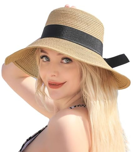 Chapeaux de plage pour femme, chapeau de paille pour femme, protection solaire UV UPF 50+, chapeau de soleil pliable, C-kaki., Taille unique