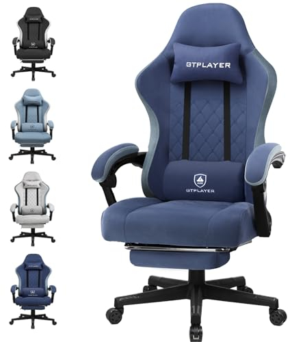 GTPLAYER Gaming Stuhl Ergonomischer Gaming Sessel Schreibtischstuhl mit Stoffoberfläche, Federsitzkissen, Verbindungsarmlehnen und Fußstütze dunkelblau