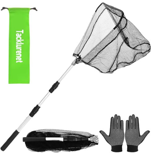 Tacklurenet Folding Kayak Fishing Net with Telescopic Fishing Net Three Adjustable Sizes 50in-38in-30in for Small Fishing Net Fishing Landing Net, Gift: Rubber Granule Nonslip Gloves Storage Bag