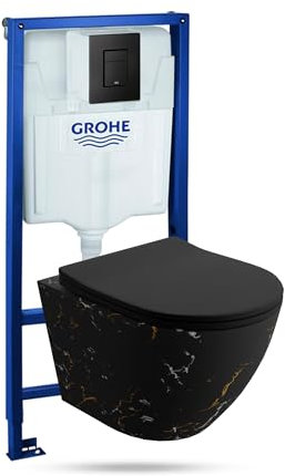 LAVITA Vorwandelement Solido + Wand Hänge WC Sofi Slim Fire Schwarz Spülrandlos + WC Sitz mit Absenkautomatik Schwarzer Knopf Komplettset Unterputz Spülkasten Toilette Komplett Sett WC