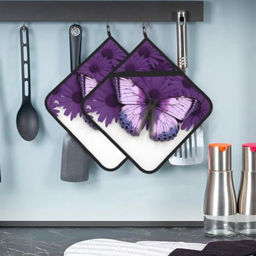 Confezione da 2 presine per cucina resistenti al calore, set di presine viola a forma di farfalla, lavabili, per cottura al forno, sottopentola da cucina, con passanti per appenderli, 20,3 x 20,3 cm