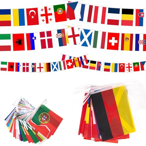 2Pack Olympia Flagge Deko 2024 16m,48pcs Europäischen Ländern Olympische Flagge, Flaggen Der Welt, Em Fußball Wimpel Wimpelkette Für Bar Party Dekorationen, 14 * 21cm+20 * 28cm