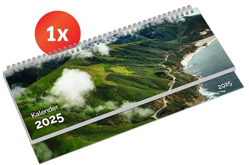 PRIMUS PRINT Tischkalender 2025 Quer Wochenkalender – Terminkalender und Jahreskalender – 297x130mm, 75g Naturpapier, 64 Seiten, Drahtkammbindung, Feiertage und Schulferien - [Einzeln - Küste]