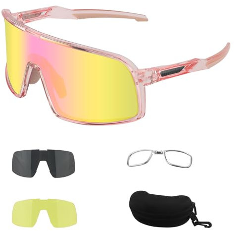 ToopMount Polarisierte Fahrradbrille, UV400 Sport Sonnenbrille mit TR90 Rahmen 3 Gläsern für Männer Frauen Baseball Wandern (Klare Rosa Rahmen - Vollrand)