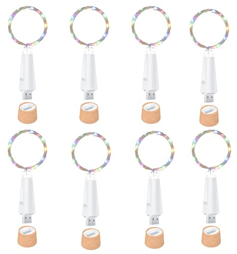 Ceepko USB Bottle Lights Rechargeable Wine Bottle Fairy Lights Cork LED String Lights 20 LEDs Copper Wire for Table Party DIY Decor(Colorful, 8 Pack)