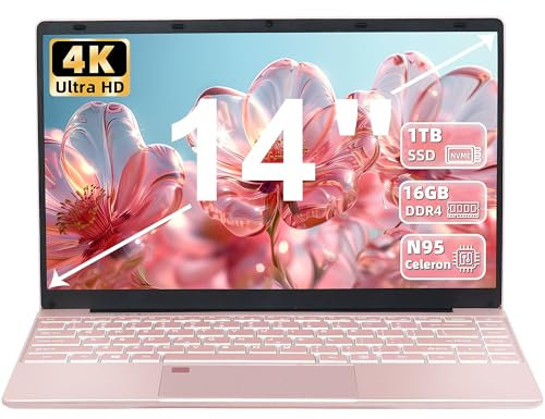 Fsjun 14 Rose Gold Laptop, 16GB RAM, 1TB PCIE NVMe SSD, 4K UHD(3840x2160) IPS Display, 12th Gen Alder Lake N95 CPU (Up to 3.4Ghz), Win11 Pro, Office19, Fingerprint, Backlit KB, WIFI, HDMI(16G+1TB)