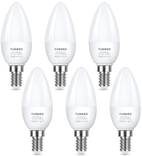 YUNRRD E14 LED Light Bulb,LED Candle Bulbs Small Screw,6W 550lm,60W Equivalent E14 SES Edison Screw in Light Bulbs,Warm White 2700K,Energy Saving Candle Light Bulbs,220-240V,Non-Dimmable,Pack of 6