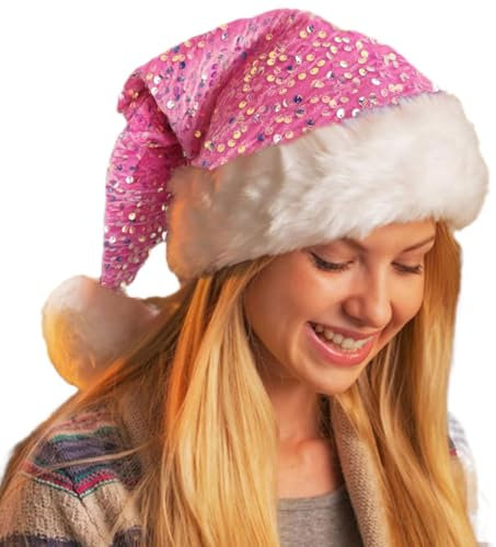 YILEEGOO Weihnachtsmütze für Erwachsene, luxuriöse, glitzernde Pailletten, Plüschmütze, Weihnachtsmannmütze, Samt, bequeme Weihnachtsmütze für Neujahrsparty (Rosa, 45 x 32 cm)