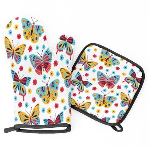 Set di 2 guanti da forno colorati con farfalla e presine, resistenti al calore, per cucina, barbecue, cottura