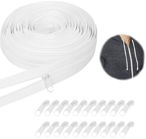 20m Reißverschluss, Endlosreißverschluss mit Zipper, Endlosreißverschluss, Endlosband Meterware, Reisverschluss Endloses, Reißverschluss für Bettwäsche Kleidung (Weiß)