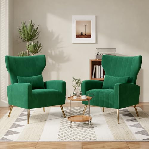 Hawthyhome 2er-Set Relaxsessel Fernsehsessel Ohrensessel mit Kopfkissen und Gold Metallfüßen Einzelsofa aus Samt bis 130kg Schlafzimmer/Wohnzimmer/Lounge Grün
