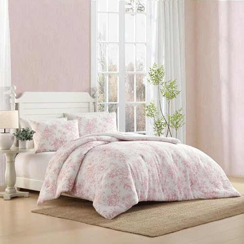 Laura Ashley - Comforter Set, Soft Poly Waffle Textured Bedding with Matching Shams, Delicate Floral Design (Delphine Pastel Pink, King)