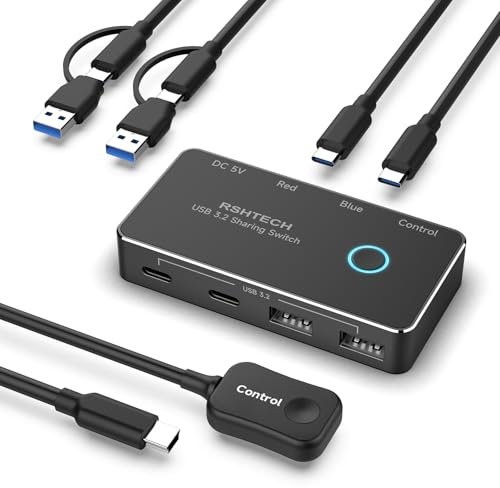 RSHTECH Switch USB C 3.2 10Gbps Commutateur KM 2 Ordinateurs Partagent 4 Ports USB3.2 (2C+2A), Sélecteur de Commutation USB avec 2 Câbles et Contrôleur pour PC Ordinateur Portable Clavier Souris