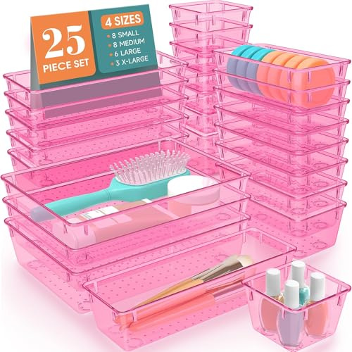 SpaceHacks Schubladen-Organizer-Set aus Kunststoff, 4 Größen, vielseitige Organizer-Tabletts und Aufbewahrungsbehälter für Make-up, Schmuck und Gadgets im Badezimmer, Schlafzimmer und Büro