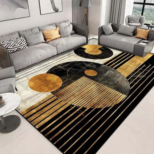 18meng Art Großer Vintage Wohnzimmer Teppich Waschbarer Kurzflor Teppich rutschfest Teppiche Weich Flauschig für Schlafzimmer Esszimmer Küche (Schwarz Gold Weiß, 120 x 160 cm)