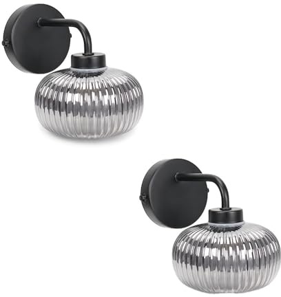 ValueLights | Pair of Matt Black Wall Light Fitting with Smoked Ribbed Lampshade for Living Room Hallway - IP44 Bathroom