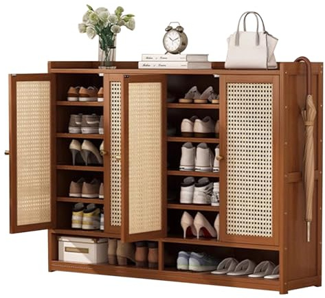 Rattan-Schuhschrank für den Eingangsbereich, Bauernhaus-Aufbewahrungsregal mit Türen und offenem Stauraum für Flur, Wohnzimmer, Schuh-Organizer