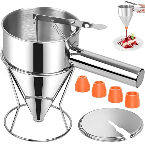 1200ml Teigportionierer mit Ständer & Deckel & 4 Ersatzdüsen, Edelstahl Pfannkuchen Teigspender, Multi-Kaliber Kuchenspender, Küche Backtrichter für Desserts, Waffeln, Muffin-Mix, Cupcake