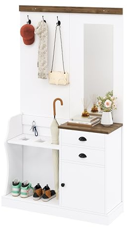 HAINEW Garderoben Set Wandgarderobe mit Spiegel und Haken für Flur, Wohnzimmer, 110,5×38×191cm, Flurgarderobe Set Garderobenschrank mit 2 Schubladen, Schirmständer und 1 Schrank, Weiß
