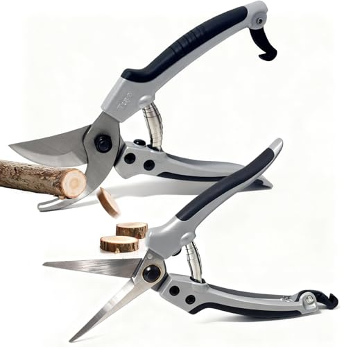 2 Pack Garden Secateurs, 8 Bypass Pruning Shears and Straight Garden Scissors, Bonsai Trimming Scissors, Safety Lock, Cast Aluminum with Rubber Surface Grips, for Trimming Plants, Picking Fruits