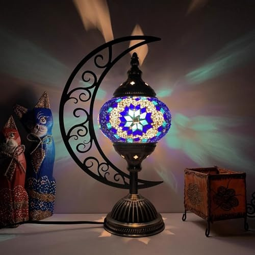 AIBOTY Türkische Mosaik-Tischlampe in Mondform marokkanische Vintage-Bohème-Bettlampe handgefertigt rustikale Beleuchtung für Schlafzimmer Esszimmer Arbeitszimmer dekorative Lampe,Blue b
