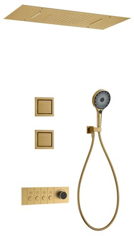 FQYEP Colonne de Douche Encastrée Thermostatique Système de Douche Encastré Pose Au Plafond,Or Brossé