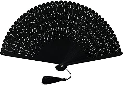 FANSOF.FANS Hand Fan Made with Finest Bamboo Carved Black Wooden Folding Hand Held Hand Foldable Fan with a Pouch (HQF16)