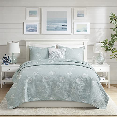 Harbor House Seaside Reversible Cotton Quilt Set Coastal Clam, Starfish, Coral Embroidery, All Season, Pre-Washed Coverlet Bedding Layer, Decorative Pillow, King/Cal King(108x90) Seafoam 4 Piece