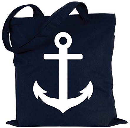 JUNIWORDS Jutebeutel - Wähle eine Farbe - Anker (Beutel: Marine Blau, Text: Weiß)