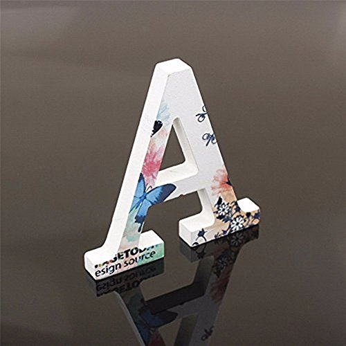 Dekorative Holz Buchstaben, hängende Wand 26 Buchstaben aus Holz Alphabet Wand Buchstaben Mit bunten Schmetterling und Blumenmuster gedruckt für Kinder Baby Name Mädchen Schlafzimmer Hochzeit (A)