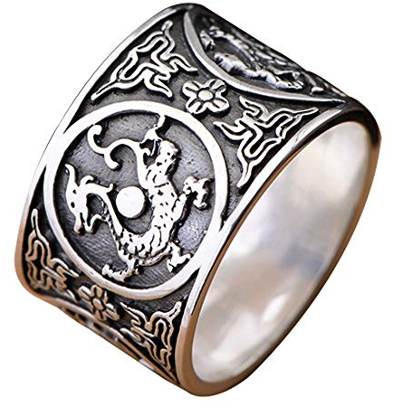 Schwarz Breit 999 Sterling Silber Bandring Ring Graviert Drachen Tiger Schildkröte Vermilion Vogel Vintage Chinesischer Schmuck für Herren Damen 14mm 62