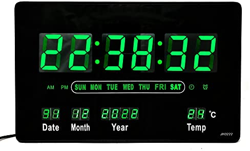 Starlet24 Kompakte LED Wanduhr mit Wecker Schlummer Kalender Temperatur große LED-Anzeige 32x20cm (JH3222) Grün