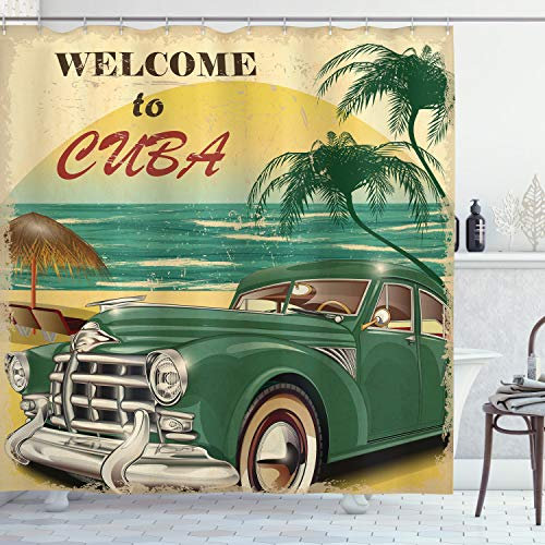 ABAKUHAUS Tropisch Duschvorhang, Kuba Beach Ocean Palm, Stoffliches Gewebe Badezimmerdekorationsset mit Haken, 175 x 240 cm, Gelb