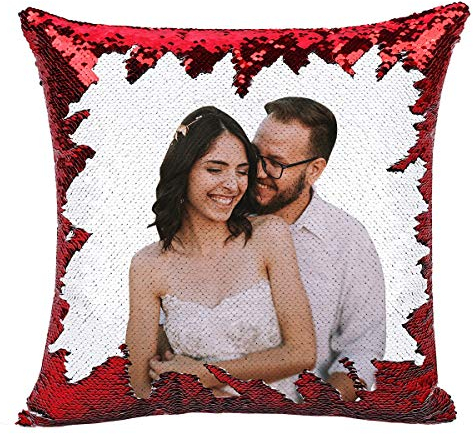 deutschwaren Personalisierte Kissen, Pailletten Kissen individuellem Bild 40 x 40 cm Foto Kissen mit Wendepailletten Startseite Schlafzimmer Sofakissen (mit Füllung) (Rot)