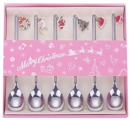 Cabilock 6Pcs Christmas Coffee Spoons Christmas Stirring Spoons Stainless Steel Mixing Spoons for Soup Dessert Espresso Tea