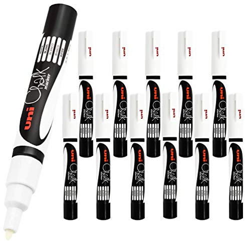 12 x Uni-Ball Wet Erase Liquid Chalk Marker Pens For Glass (Windows & Mirrors), Whiteboards, Signs And Non-Porous Blackboards (0.9-1.3mm Bullet Tip) - WHITE